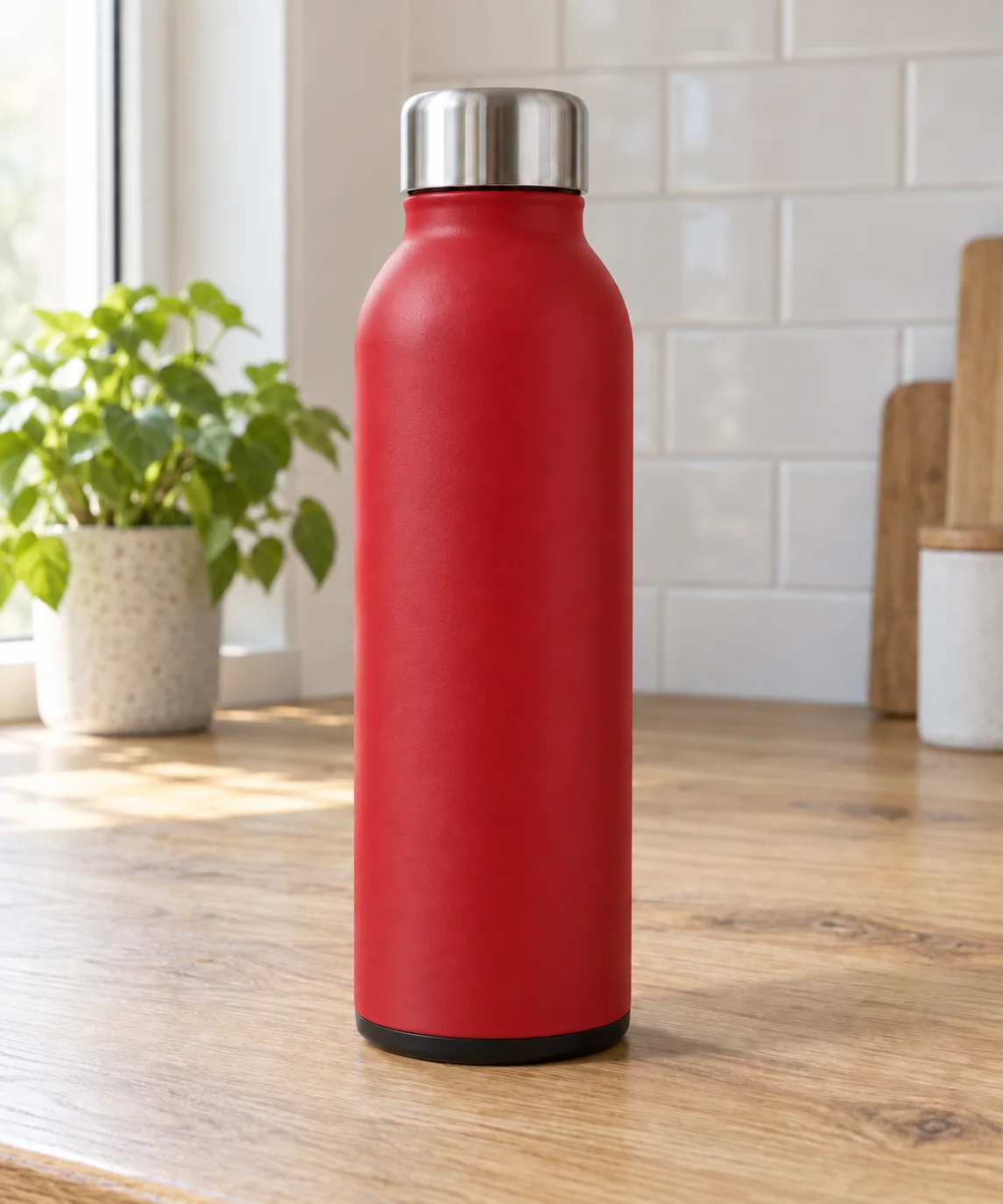 Same bottle with a matte red body on the kitchen counter