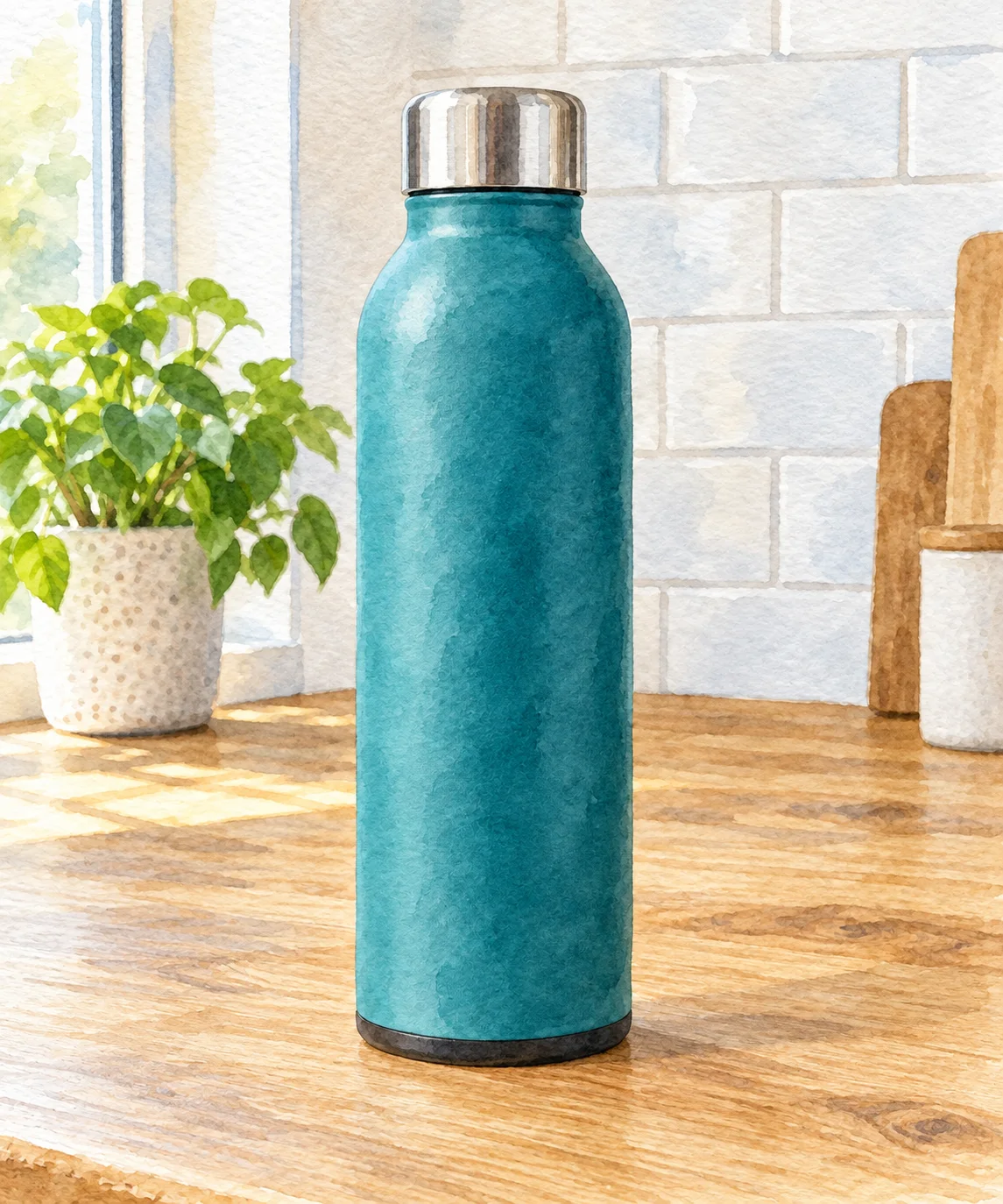Watercolor illustration of the teal bottle and kitchen counter