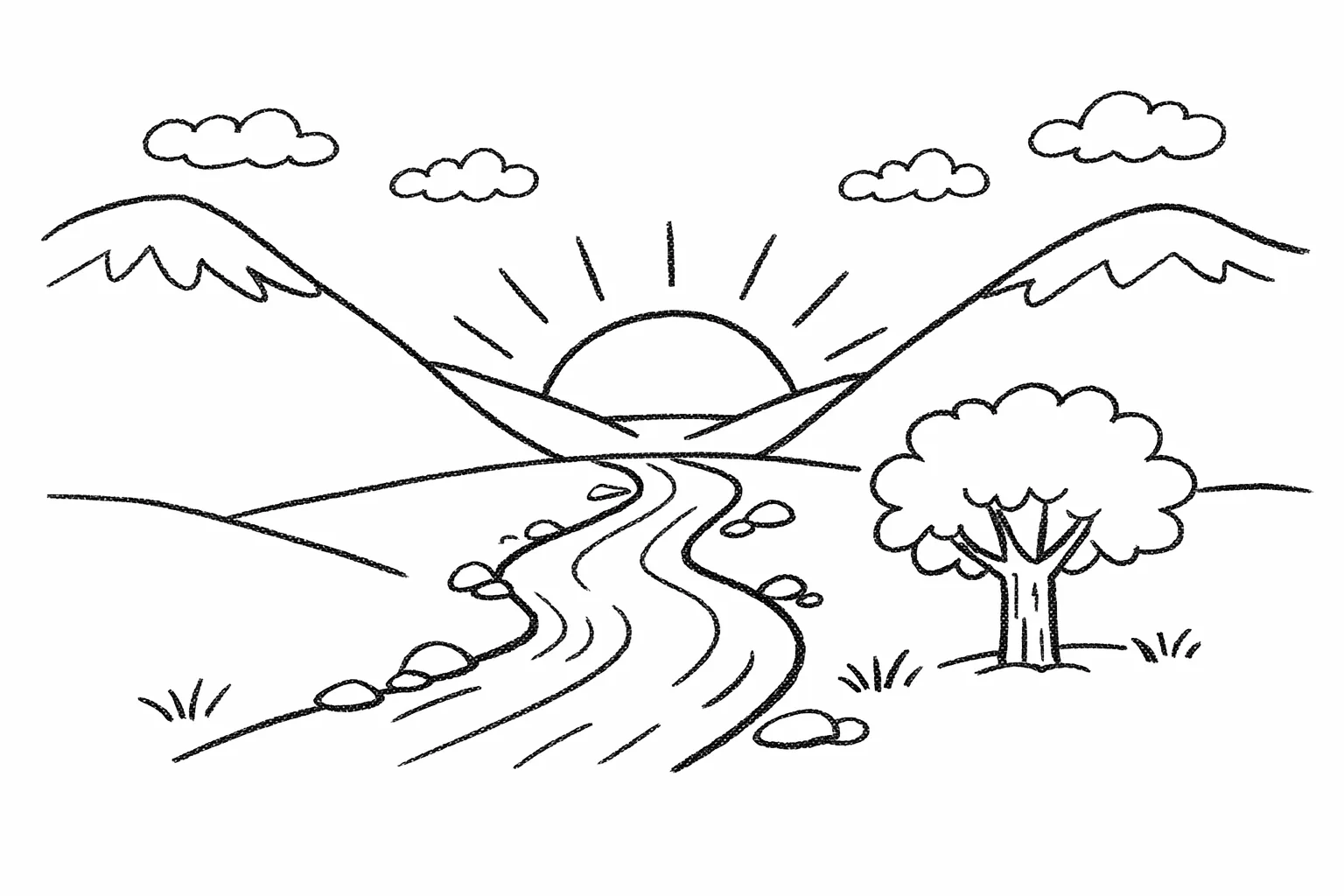 Line drawing of a river valley before photorealistic rendering