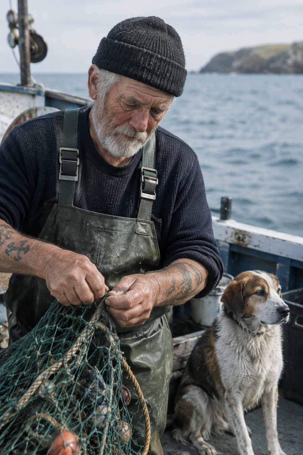 Elderly sailor adjusting a net on a fishing boat with his dog nearby