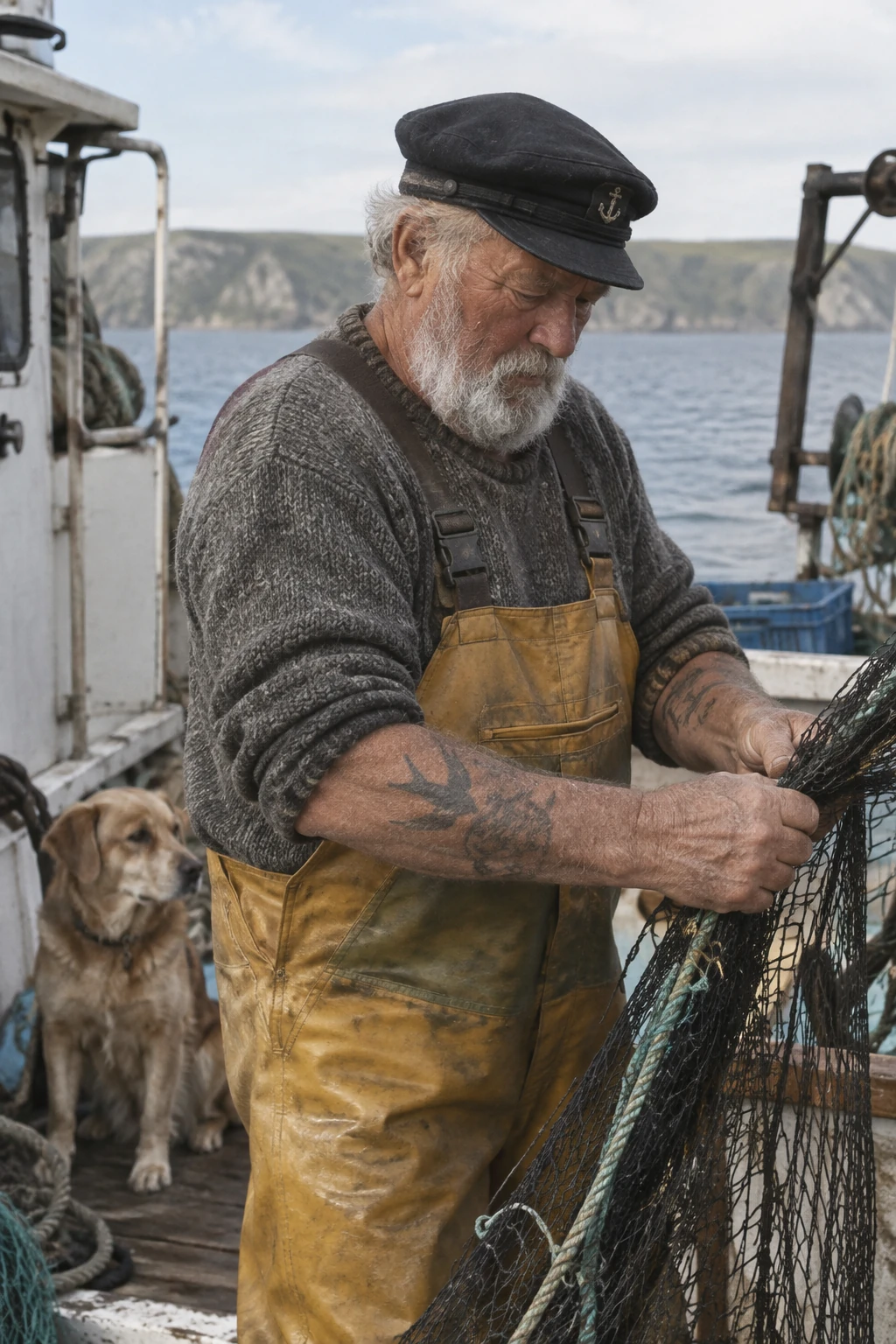 Elderly sailor adjusting a net on a fishing boat with his dog nearby
