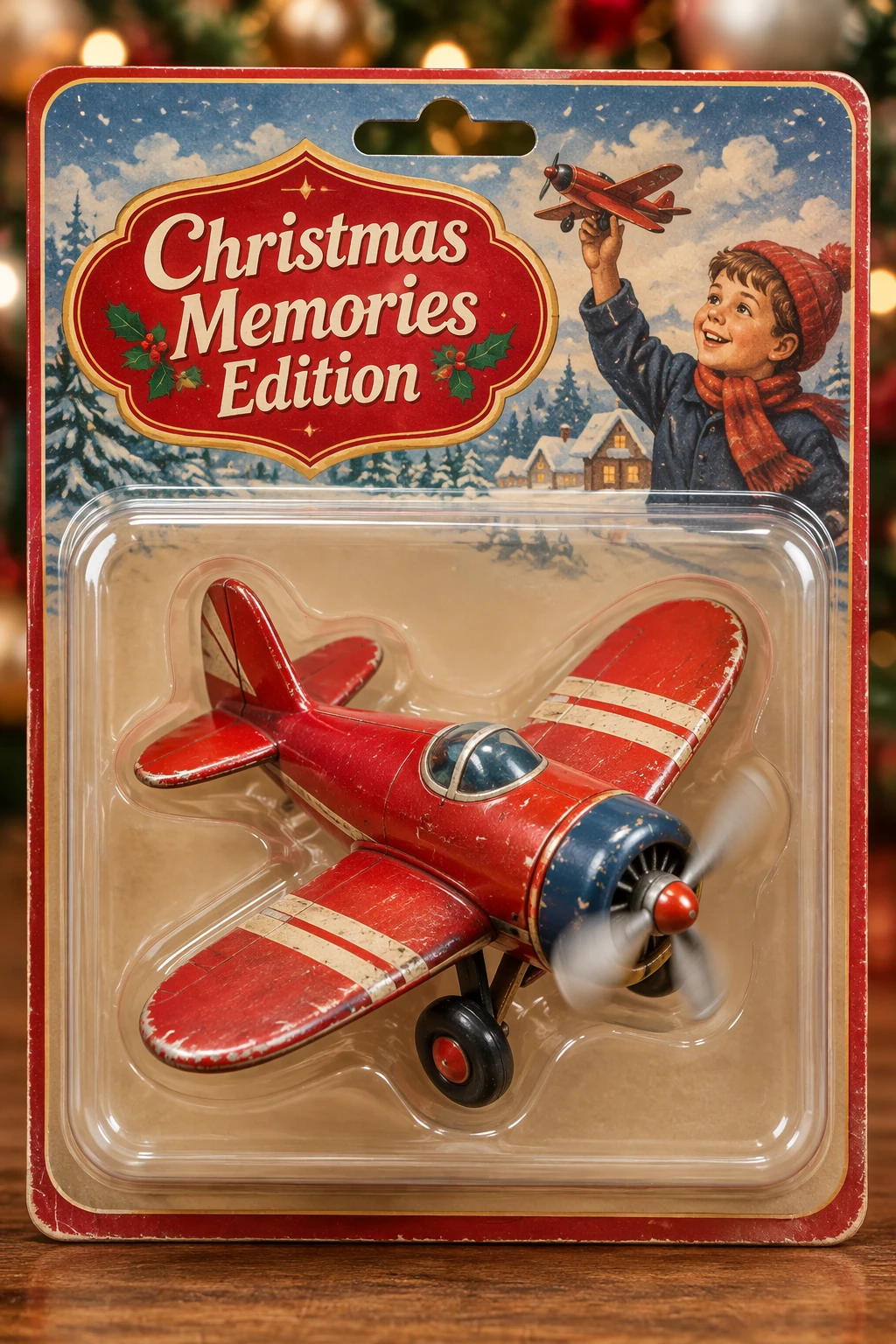 Vintage toy airplane in Christmas Memories Edition retail packaging