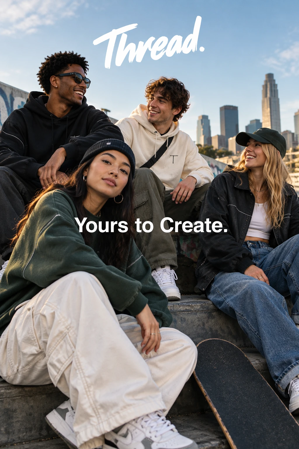 Thread streetwear campaign showing friends and the Yours to Create tagline