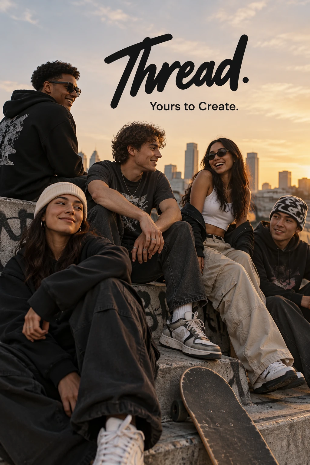 Thread streetwear campaign showing friends and the Yours to Create tagline