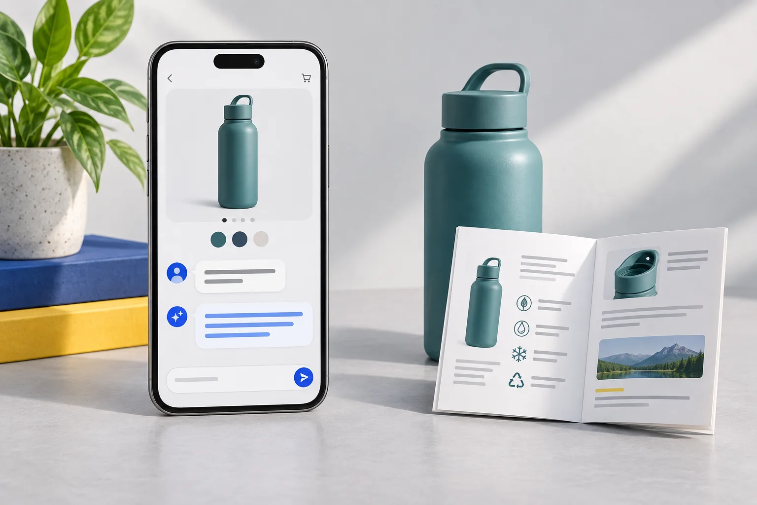 Illustration of an app assistant answering questions with product context