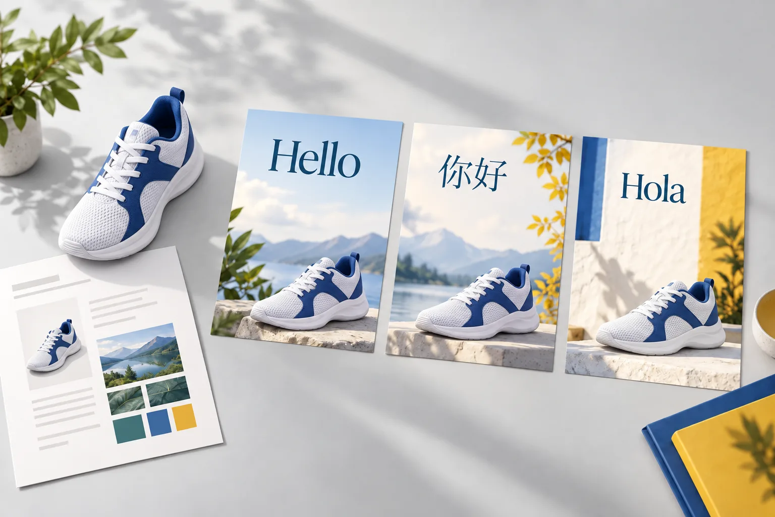 Illustration of adapting sneaker campaign copy for English, Chinese and Spanish