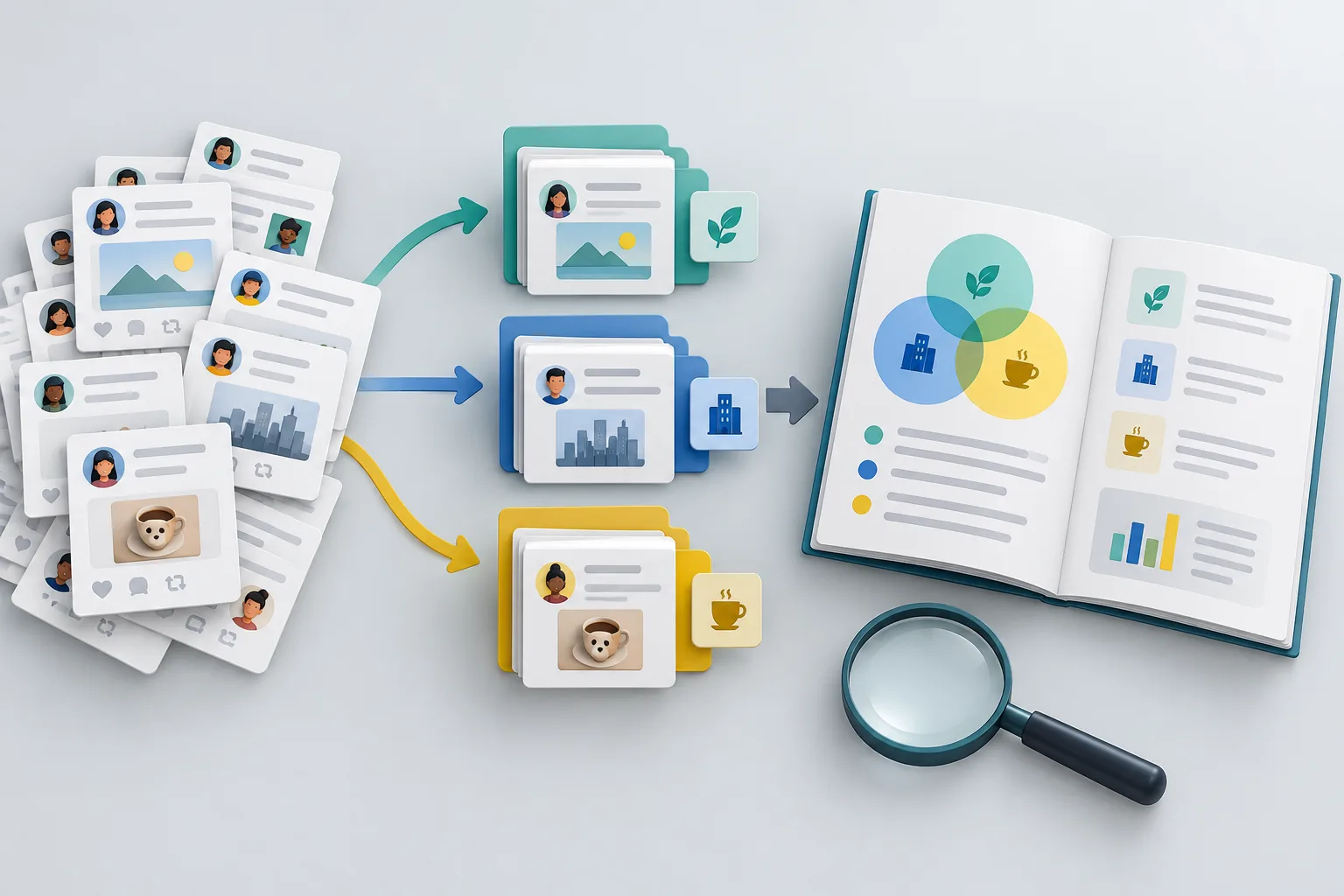Illustration of turning social posts into content insights with AI